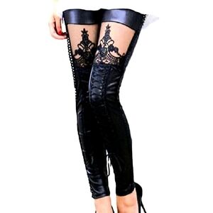 Blk faux leather mesh embroidered Victorian scroll cut out corset pants L-1X NWT